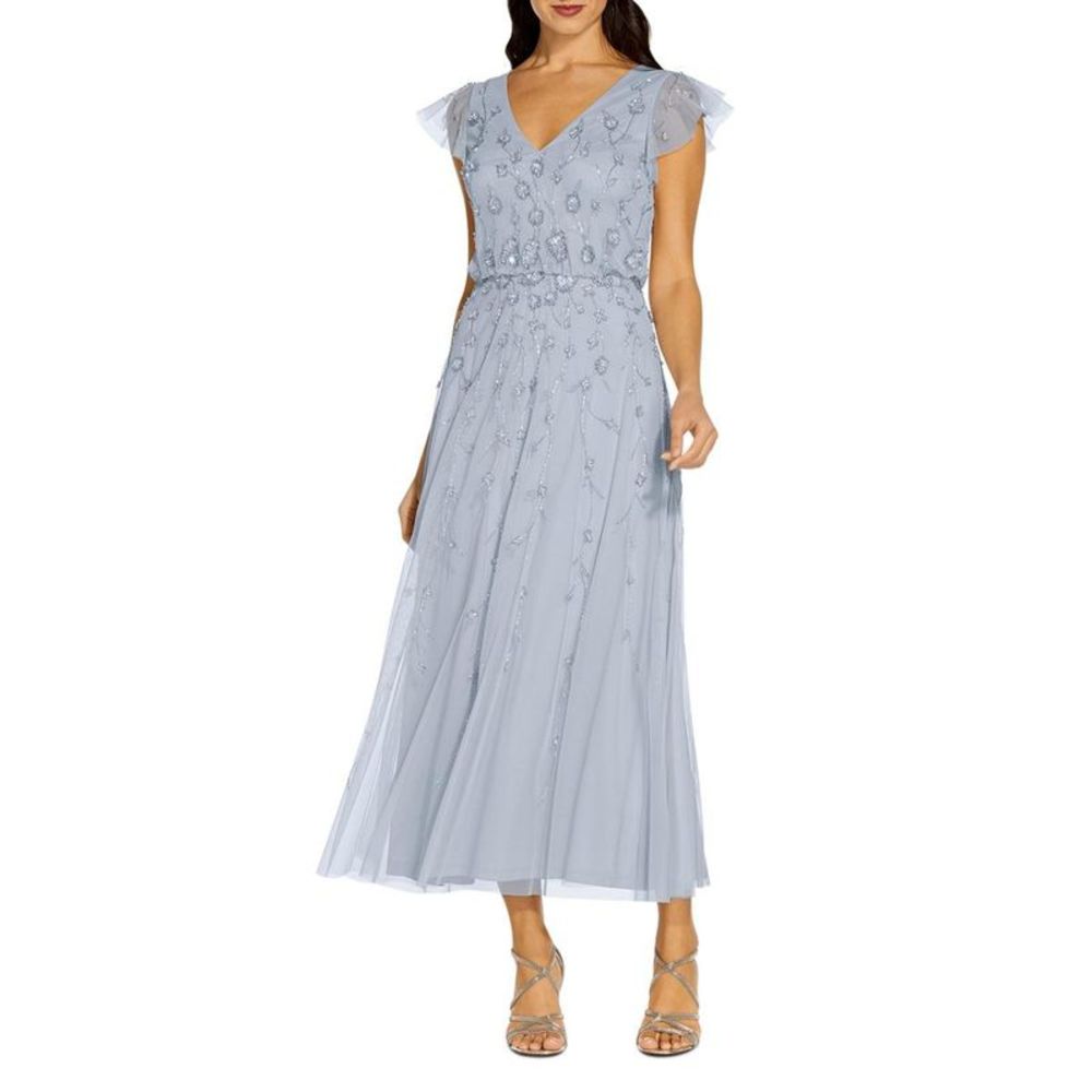 NWT Adrianna Papell Womens Blue Mesh Embellished Cocktail Evening Dress Gown